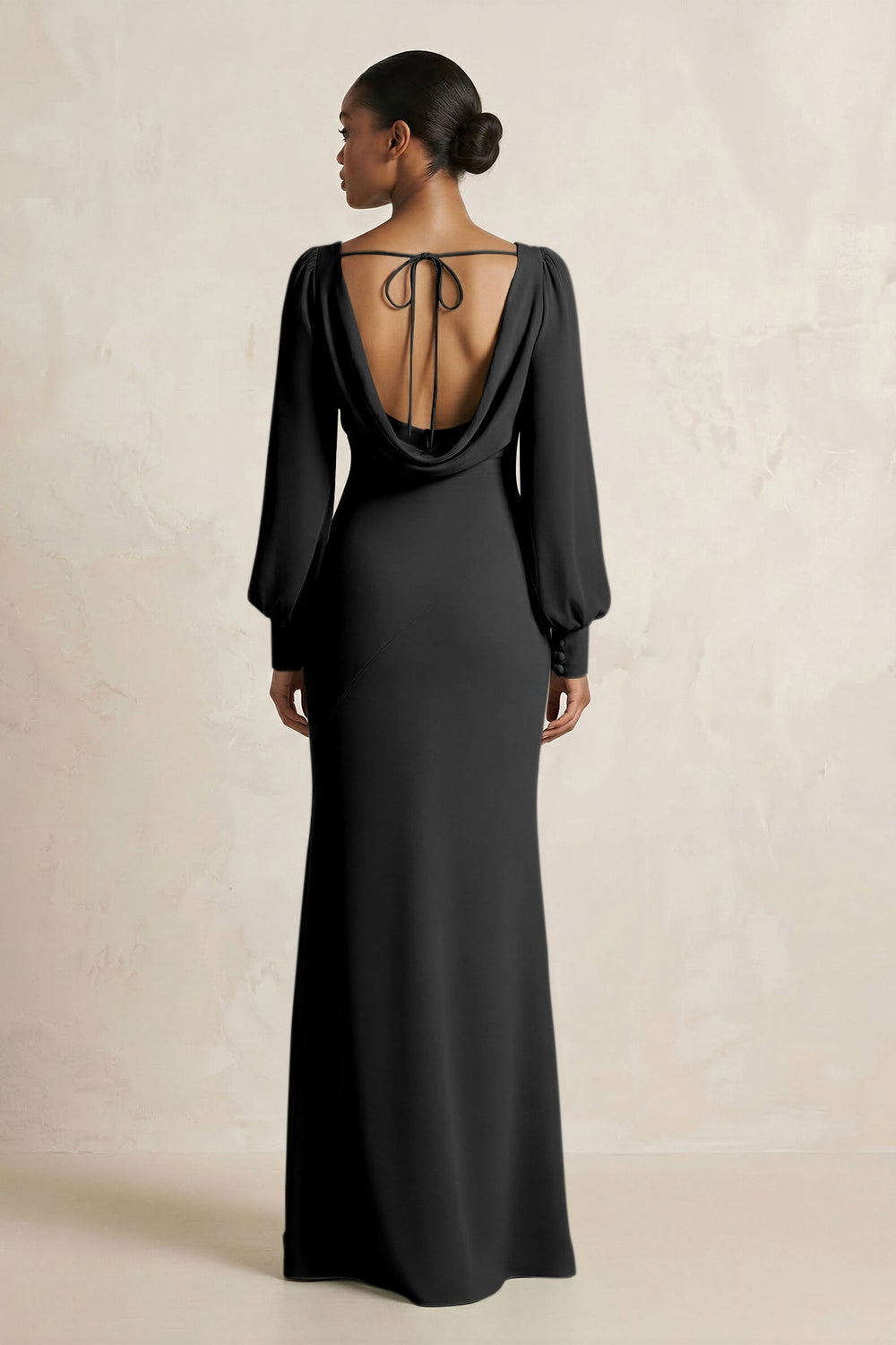 Long Sleeve V - Neck Sheath Chiffon Bridesmaid Dress in Black - KISS BRIDAL Bridesmaid Dresses