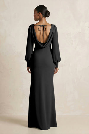 Long Sleeve V - Neck Sheath Chiffon Bridesmaid Dress in Black - SHE IS ME Bridesmaid Dresses