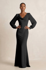 Long Sleeve V - Neck Sheath Chiffon Bridesmaid Dress in Black - KISS BRIDAL Bridesmaid Dresses