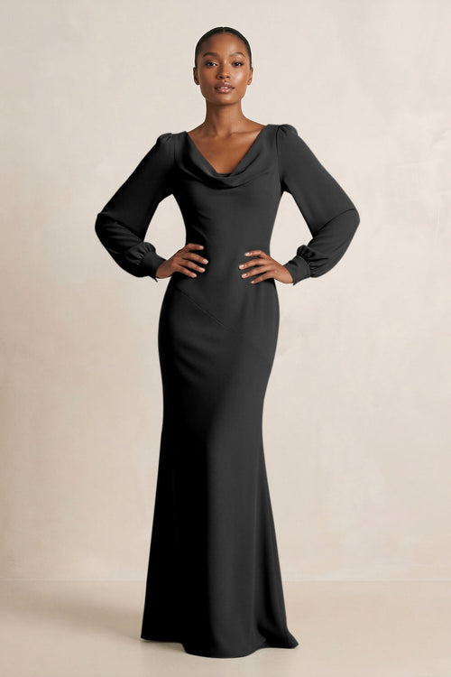 Long Sleeve V - Neck Sheath Chiffon Bridesmaid Dress in Black - SHE IS ME Bridesmaid Dresses