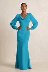 Long Sleeve V - Neck Sheath Chiffon Bridesmaid Dress in Blue Jay - KISS BRIDAL Bridesmaid Dresses