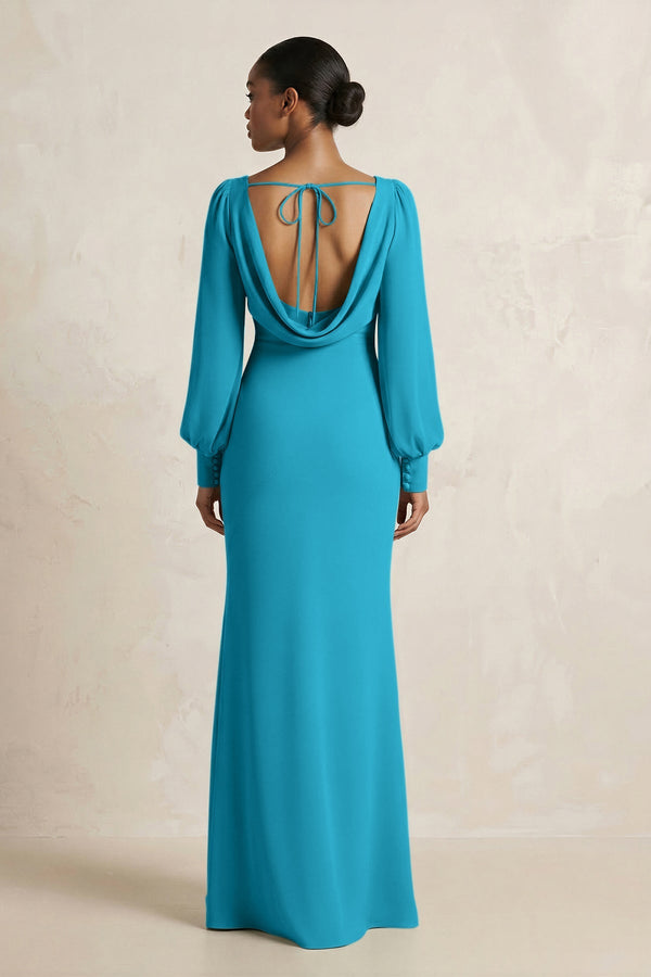 Long Sleeve V - Neck Sheath Chiffon Bridesmaid Dress in Blue Jay - SHE IS ME Bridesmaid Dresses