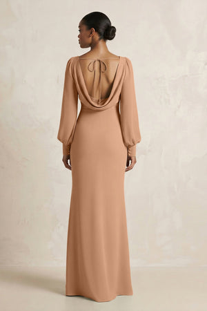 Long Sleeve V - Neck Sheath Chiffon Bridesmaid Dress in Bronzer - SHE IS ME Bridesmaid Dresses