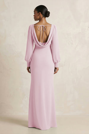 Long Sleeve V-Neck Sheath Chiffon Bridesmaid Dress in Candy Pink (2) | KISSBRIDAL
