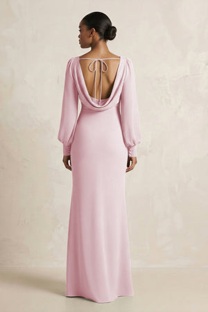 Long Sleeve V - Neck Sheath Chiffon Bridesmaid Dress in Candy Pink - SHE IS ME Bridesmaid Dresses