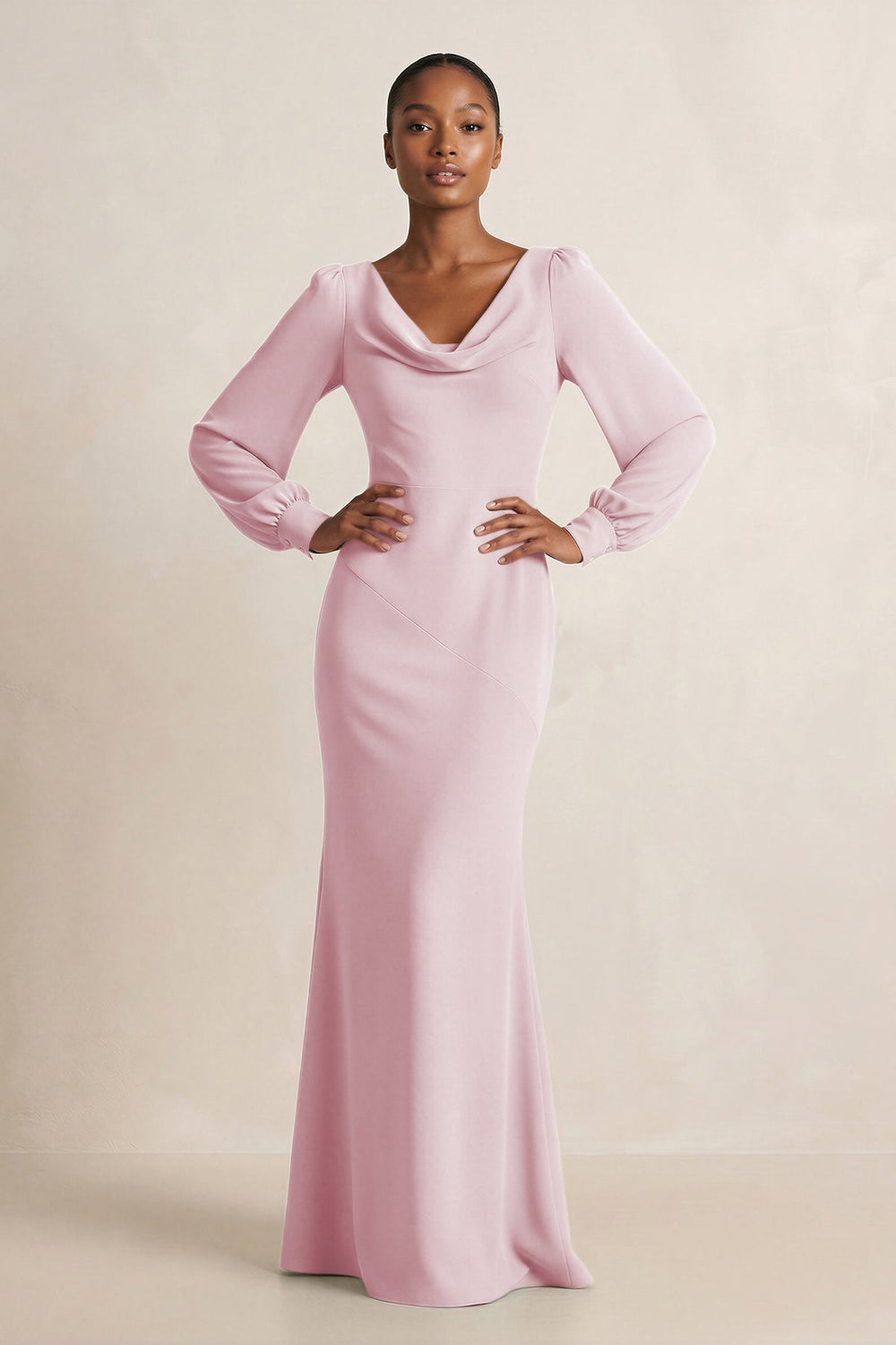 Long Sleeve V - Neck Sheath Chiffon Bridesmaid Dress in Candy Pink - KISS BRIDAL Bridesmaid Dresses
