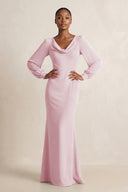 Long Sleeve V - Neck Sheath Chiffon Bridesmaid Dress in Candy Pink - SHE IS ME Bridesmaid Dresses