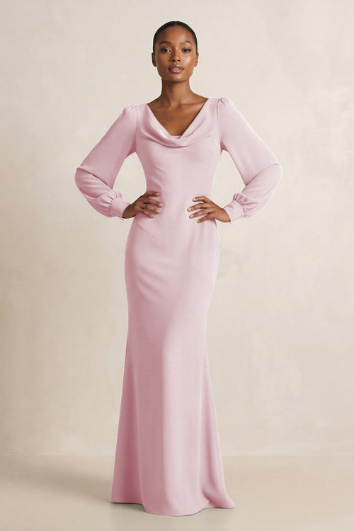 Long Sleeve V - Neck Sheath Chiffon Bridesmaid Dress in Candy Pink - SHE IS ME Bridesmaid Dresses