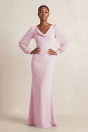 Long Sleeve V-Neck Sheath Chiffon Bridesmaid Dress in Candy Pink | KISSBRIDAL