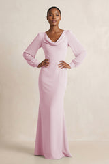 Long Sleeve V-Neck Sheath Chiffon Bridesmaid Dress in Candy Pink | KISSBRIDAL