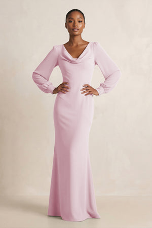 Long Sleeve V-Neck Sheath Chiffon Bridesmaid Dress in Candy Pink | KISSBRIDAL