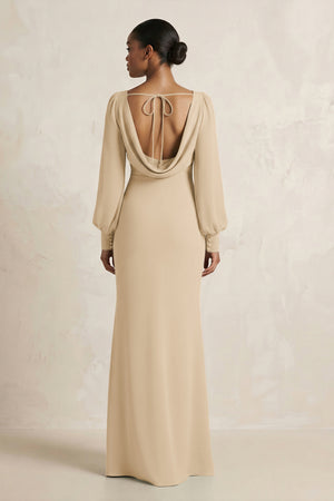 Long Sleeve V-Neck Sheath Chiffon Bridesmaid Dress in Champagne (2) | KISSBRIDAL