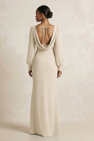 Long Sleeve V - Neck Sheath Chiffon Bridesmaid Dress in Champagne - SHE IS ME Bridesmaid Dresses