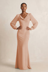 Long Sleeve V - Neck Sheath Chiffon Bridesmaid Dress in Champagne Rose - KISS BRIDAL Bridesmaid Dresses
