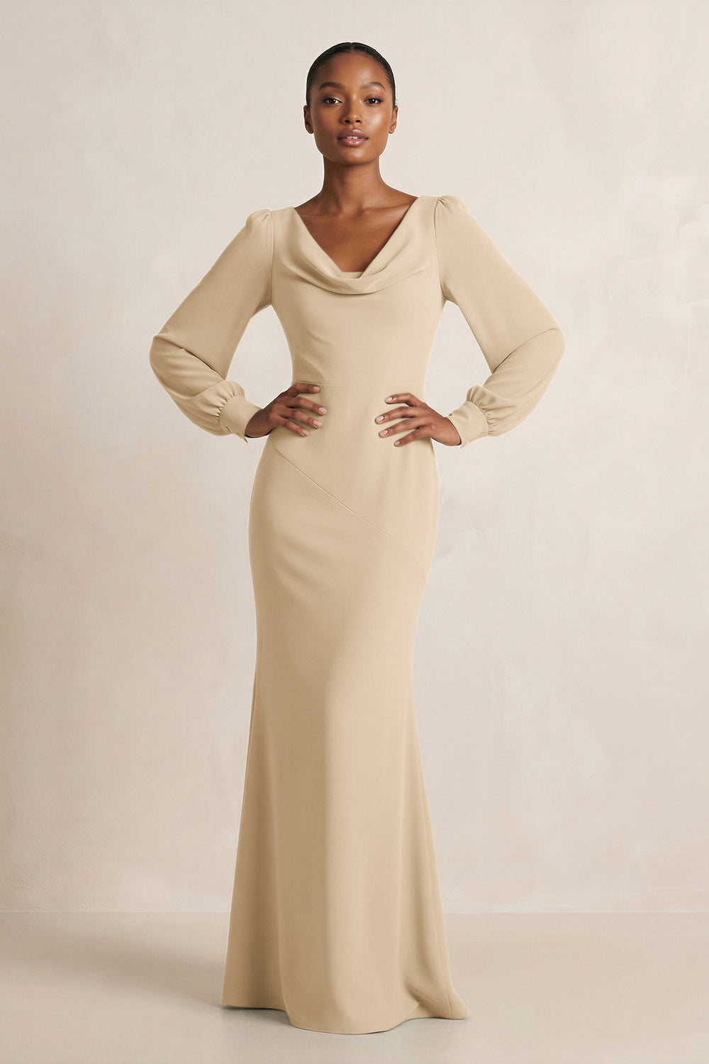 Long Sleeve V-Neck Sheath Chiffon Bridesmaid Dress in Champagne