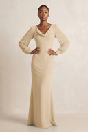 Long Sleeve V-Neck Sheath Chiffon Bridesmaid Dress in Champagne | KISSBRIDAL