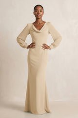 Long Sleeve V-Neck Sheath Chiffon Bridesmaid Dress in Champagne | KISSBRIDAL