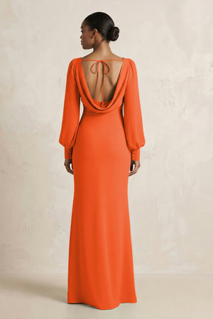 Long Sleeve V-Neck Sheath Chiffon Bridesmaid Dress in Cinnamon (2) | KISSBRIDAL