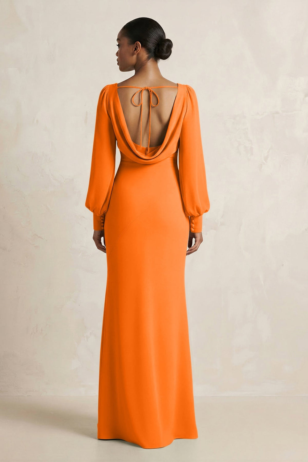 Long Sleeve V - Neck Sheath Chiffon Bridesmaid Dress in Cinnamon - KISS BRIDAL Bridesmaid Dresses