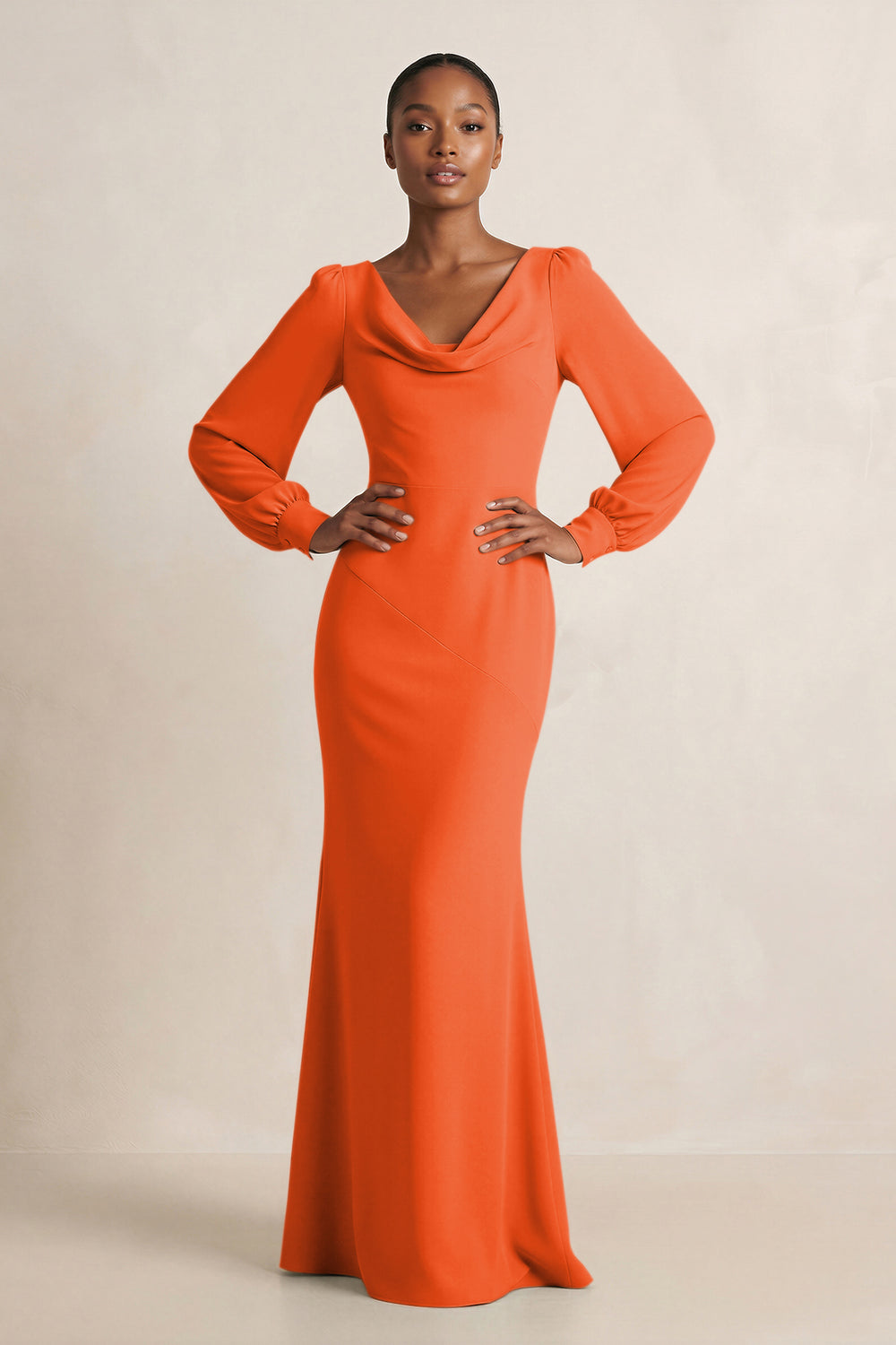 Long Sleeve V-Neck Sheath Chiffon Bridesmaid Dress in Cinnamon