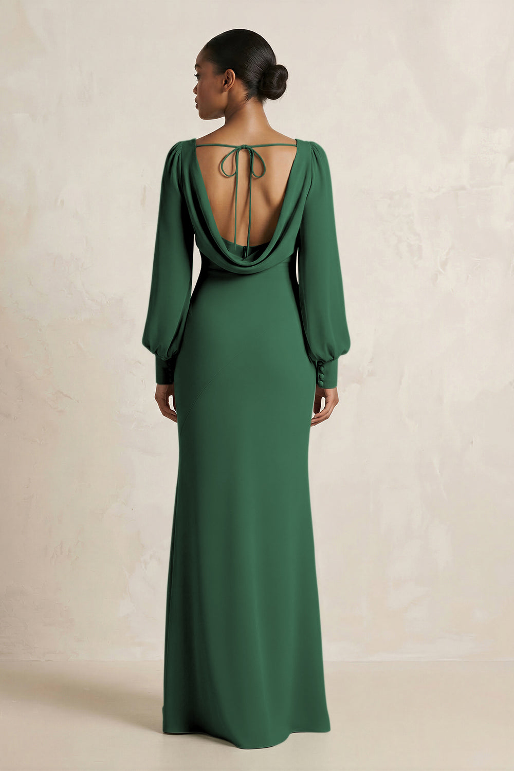 Long Sleeve V-Neck Sheath Chiffon Bridesmaid Dress in Dark Green