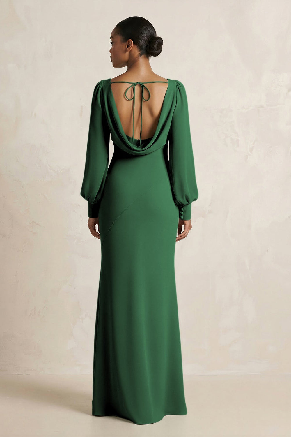 Long Sleeve V - Neck Sheath Chiffon Bridesmaid Dress in Dark Green - KISS BRIDAL Bridesmaid Dresses