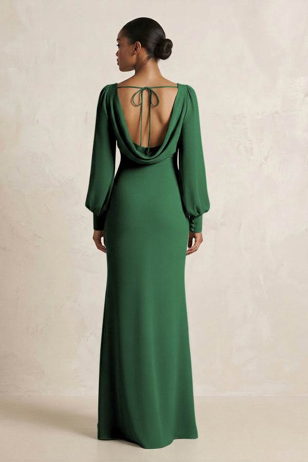 Long Sleeve V - Neck Sheath Chiffon Bridesmaid Dress in Dark Green - SHE IS ME Bridesmaid Dresses