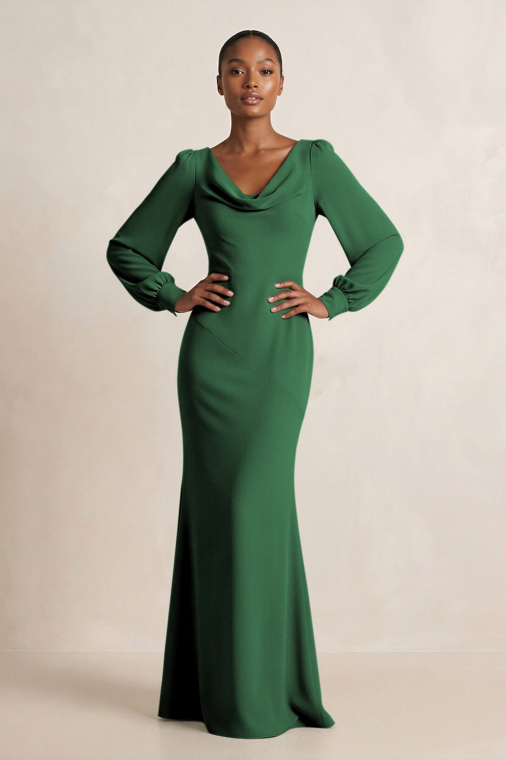 Long Sleeve V - Neck Sheath Chiffon Bridesmaid Dress in Dark Green - KISS BRIDAL Bridesmaid Dresses