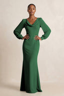 Long Sleeve V - Neck Sheath Chiffon Bridesmaid Dress in Dark Green - SHE IS ME Bridesmaid Dresses