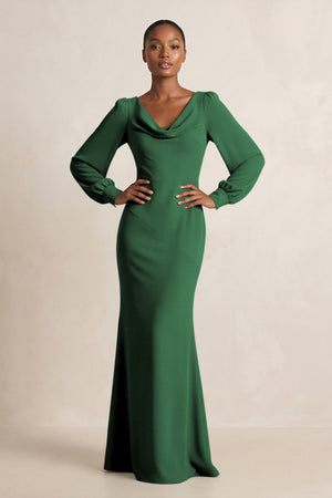 Long Sleeve V - Neck Sheath Chiffon Bridesmaid Dress in Dark Green - SHE IS ME Bridesmaid Dresses