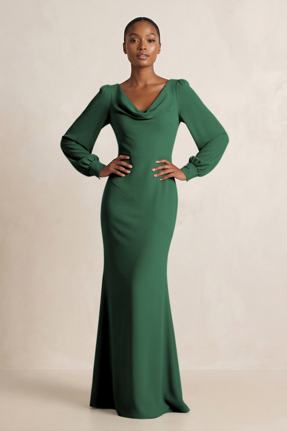 Long Sleeve V-Neck Sheath Chiffon Bridesmaid Dress in Dark Green