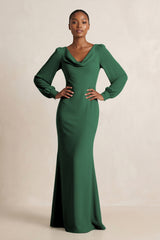 Long Sleeve V-Neck Sheath Chiffon Bridesmaid Dress in Dark Green | KISSBRIDAL
