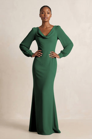 Long Sleeve V-Neck Sheath Chiffon Bridesmaid Dress in Dark Green | KISSBRIDAL