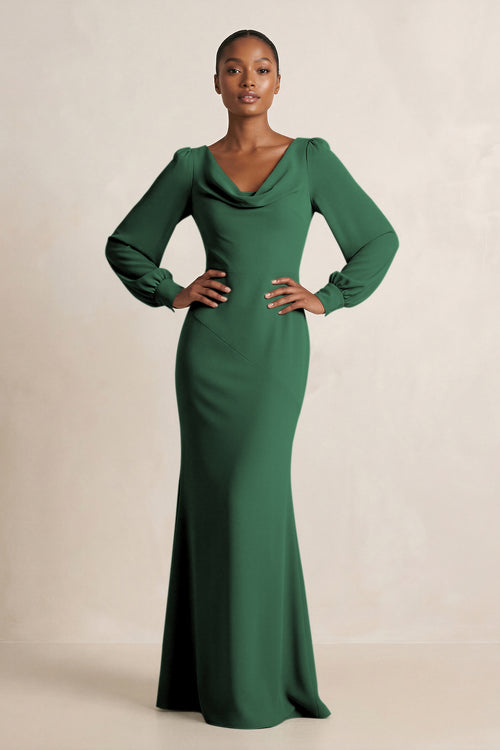 Long Sleeve V-Neck Sheath Chiffon Bridesmaid Dress in Dark Green | KISSBRIDAL