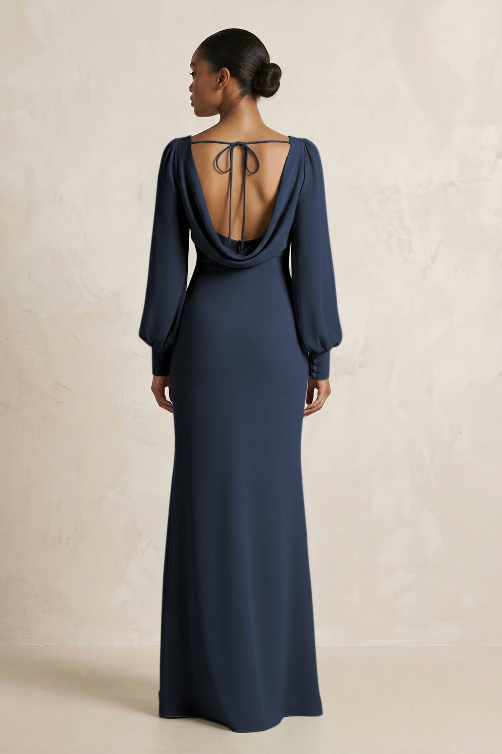 Long Sleeve V - Neck Sheath Chiffon Bridesmaid Dress in Dark Navy - KISS BRIDAL Bridesmaid Dresses