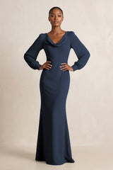 Long Sleeve V - Neck Sheath Chiffon Bridesmaid Dress in Dark Navy - KISS BRIDAL Bridesmaid Dresses