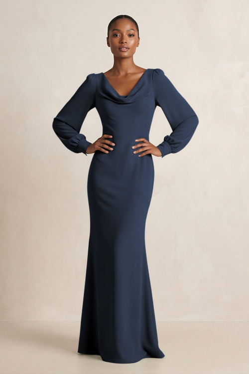 Long Sleeve V - Neck Sheath Chiffon Bridesmaid Dress in Dark Navy - SHE IS ME Bridesmaid Dresses
