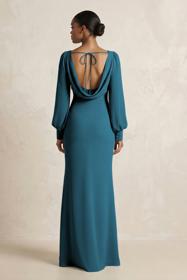 Long Sleeve V - Neck Sheath Chiffon Bridesmaid Dress in Dark Teal - SHE IS ME Bridesmaid Dresses
