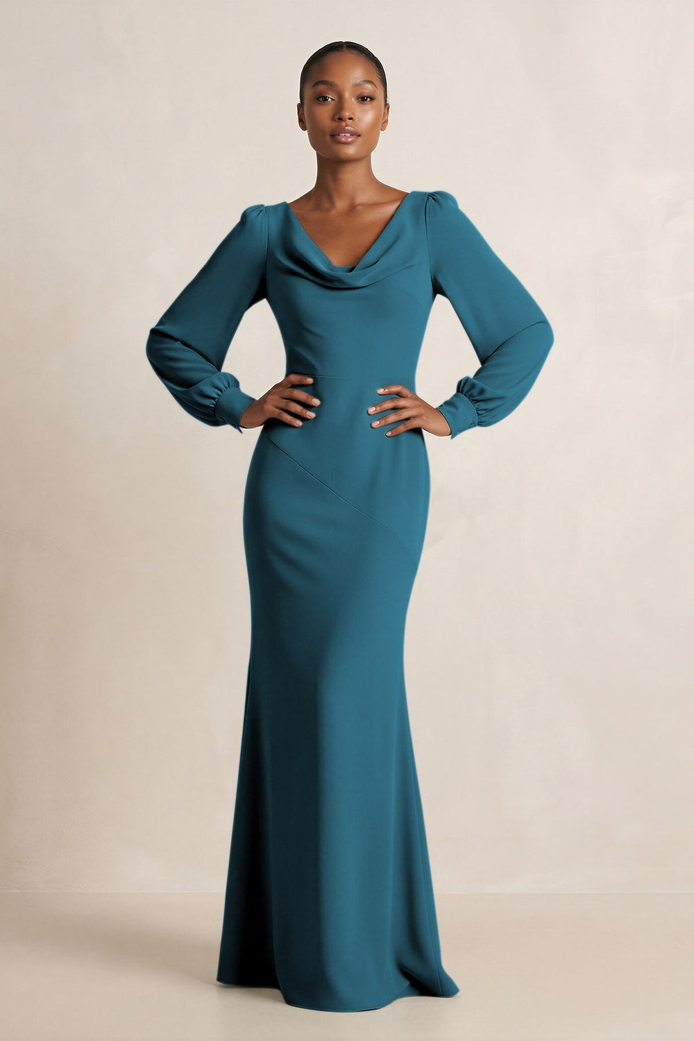 Long Sleeve V - Neck Sheath Chiffon Bridesmaid Dress in Dark Teal - KISS BRIDAL Bridesmaid Dresses