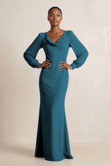 Long Sleeve V - Neck Sheath Chiffon Bridesmaid Dress in Dark Teal - KISS BRIDAL Bridesmaid Dresses