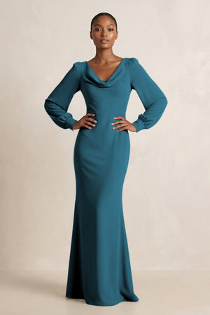 Long Sleeve V - Neck Sheath Chiffon Bridesmaid Dress in Dark Teal - SHE IS ME Bridesmaid Dresses