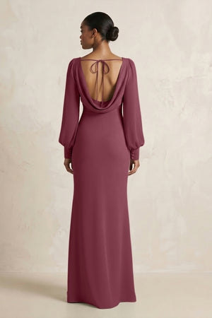 Long Sleeve V-Neck Sheath Chiffon Bridesmaid Dress in Desert Rose (2) | KISSBRIDAL