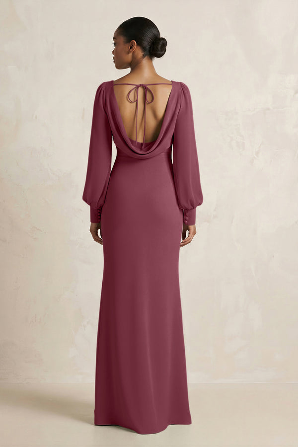 Long Sleeve V-Neck Sheath Chiffon Bridesmaid Dress in Desert Rose (2) | KISSBRIDAL