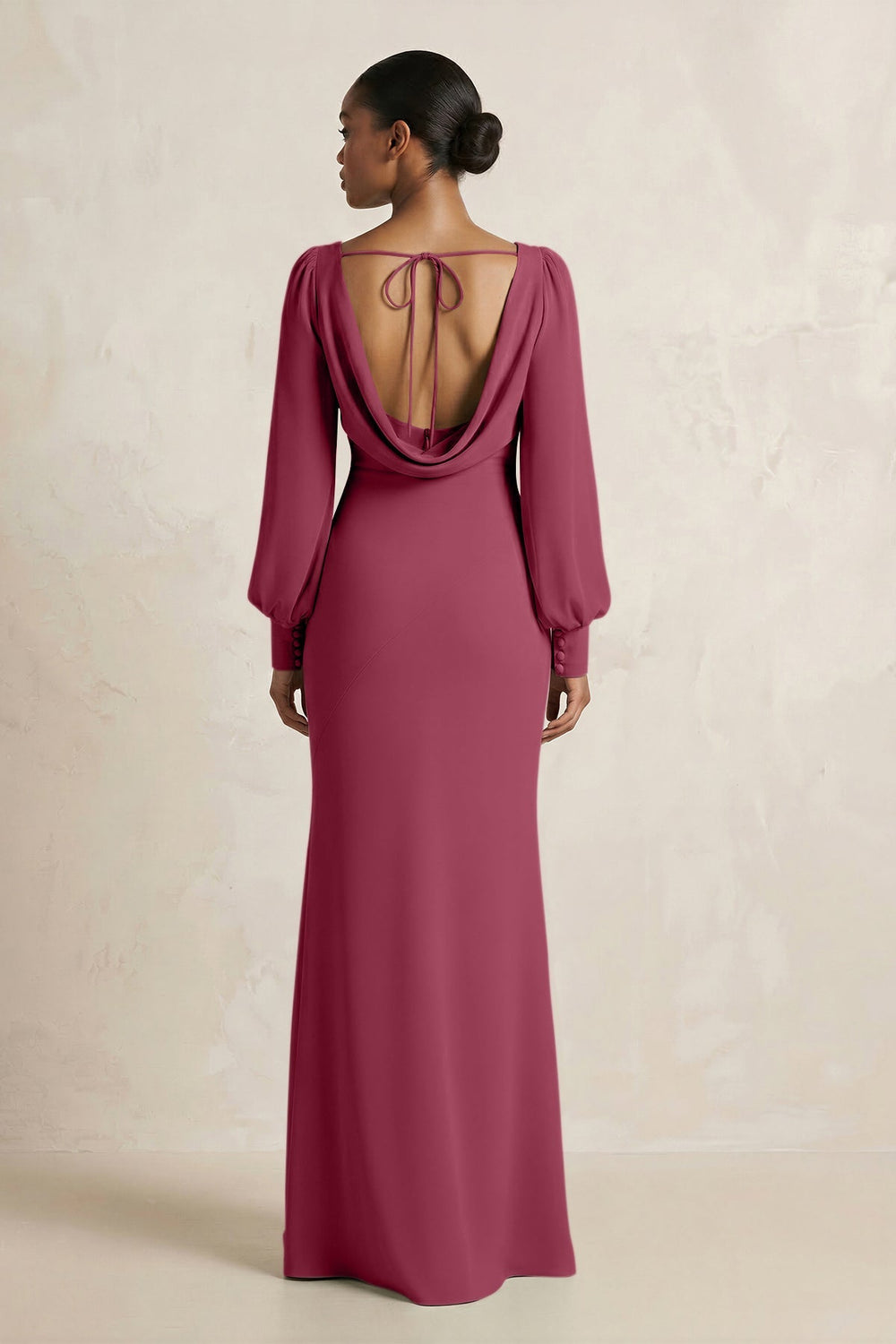 Long Sleeve V - Neck Sheath Chiffon Bridesmaid Dress in Desert Rose - KISS BRIDAL Bridesmaid Dresses