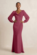 Long Sleeve V - Neck Sheath Chiffon Bridesmaid Dress in Desert Rose - SHE IS ME Bridesmaid Dresses
