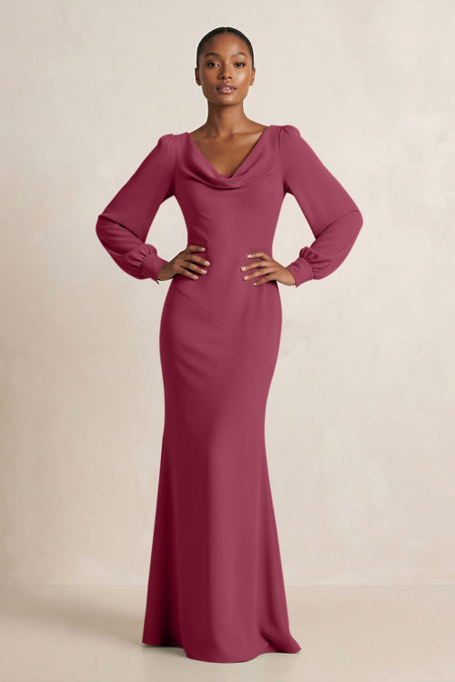 Long Sleeve V - Neck Sheath Chiffon Bridesmaid Dress in Desert Rose - SHE IS ME Bridesmaid Dresses