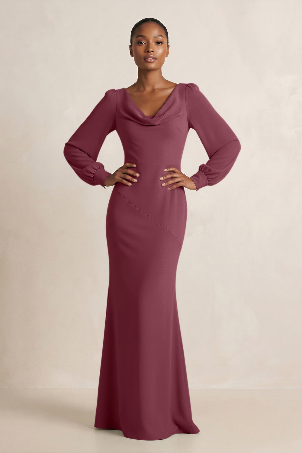 Long Sleeve V-Neck Sheath Chiffon Bridesmaid Dress in Desert Rose