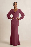 Long Sleeve V-Neck Sheath Chiffon Bridesmaid Dress in Desert Rose | KISSBRIDAL