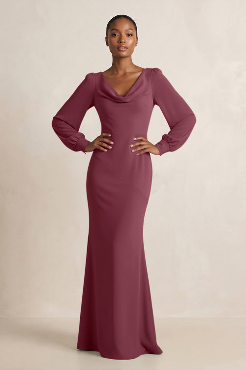 Long Sleeve V-Neck Sheath Chiffon Bridesmaid Dress in Desert Rose | KISSBRIDAL