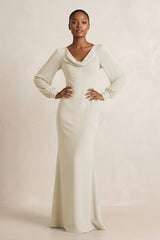 Long Sleeve V - Neck Sheath Chiffon Bridesmaid Dress in Dove Gray - KISS BRIDAL Bridesmaid Dresses